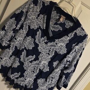 Chico's Dark Blue and White Embroidered Floral Top